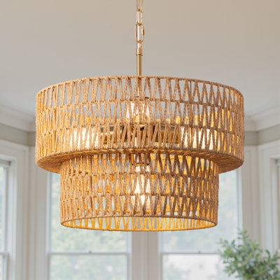 Drum Chandelier Woven Rattan Shade Geometric Pattern Coastal Bohemian