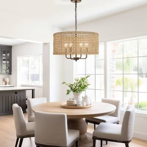 Drum Chandelier Woven Straw Shade Matte Black Hardware Bohemian