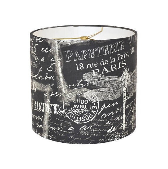 Drum Lamp Shade, Black Chalkboard Style with Dragonfly Sketches