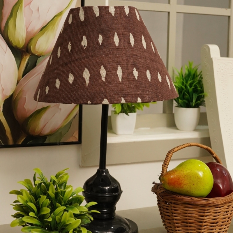 Drum Lamp Shade Floral Block Print Linen Texture Brown Boho Style