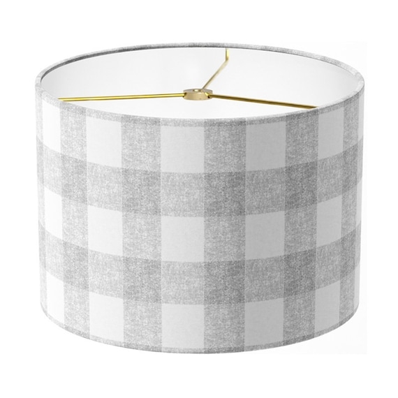 Drum Lamp Shade, Grey Buffalo Plaid Pattern, Grain Sack Texture