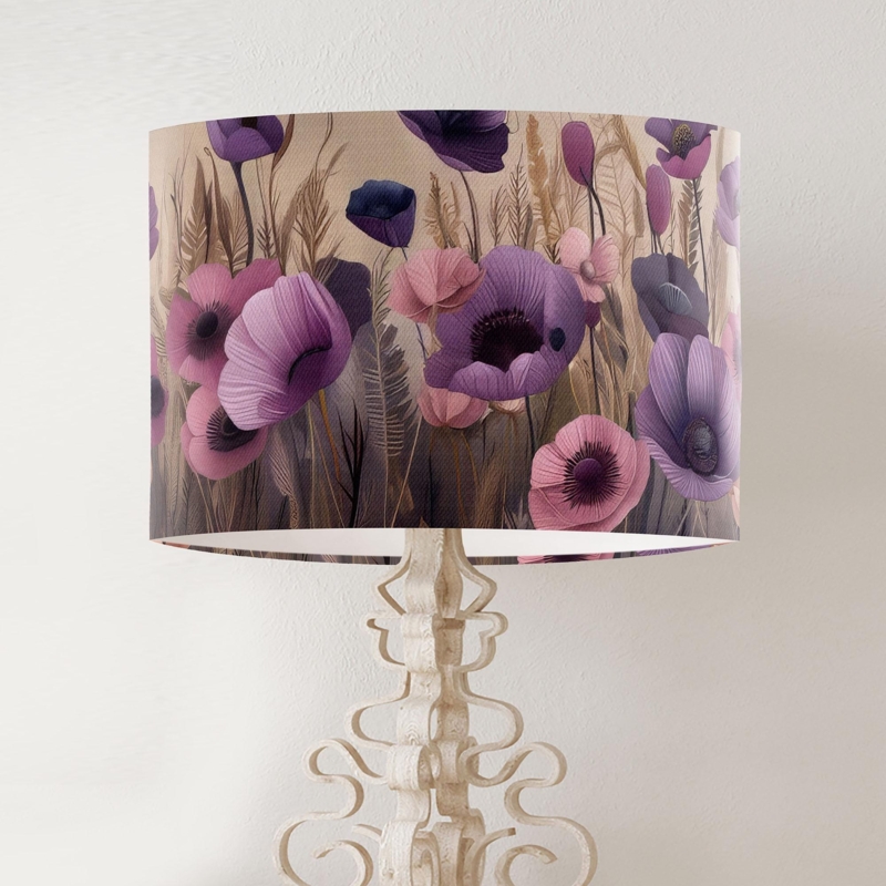 Drum Lampshade Vibrant Poppy Print Pink Purple Cottagecore
