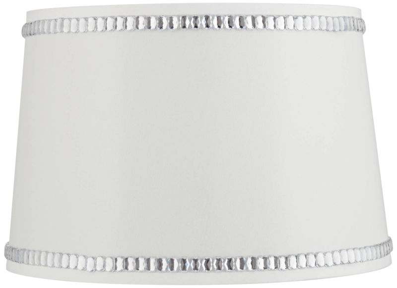 Drum Lampshade, White Fabric with Elegant Beaded Crystal Trim
