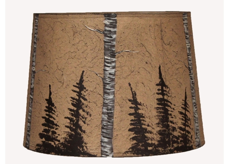 Drum Lampshade with Birch Bark Look & Pine Tree Silhouette.