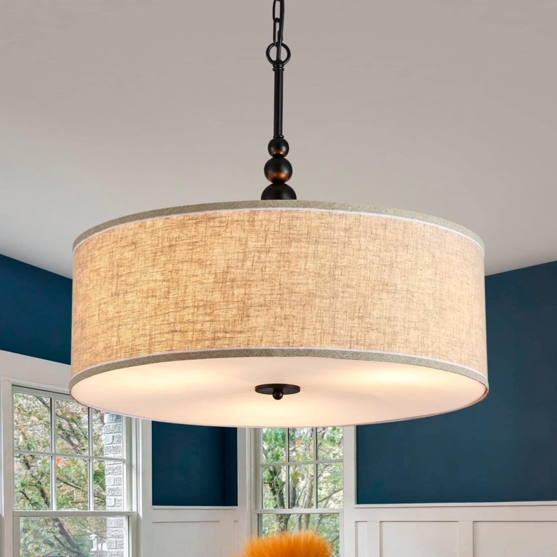 Drum Pendant Light Beige Linen Shade Black Metal Frame Farmhouse Dining
