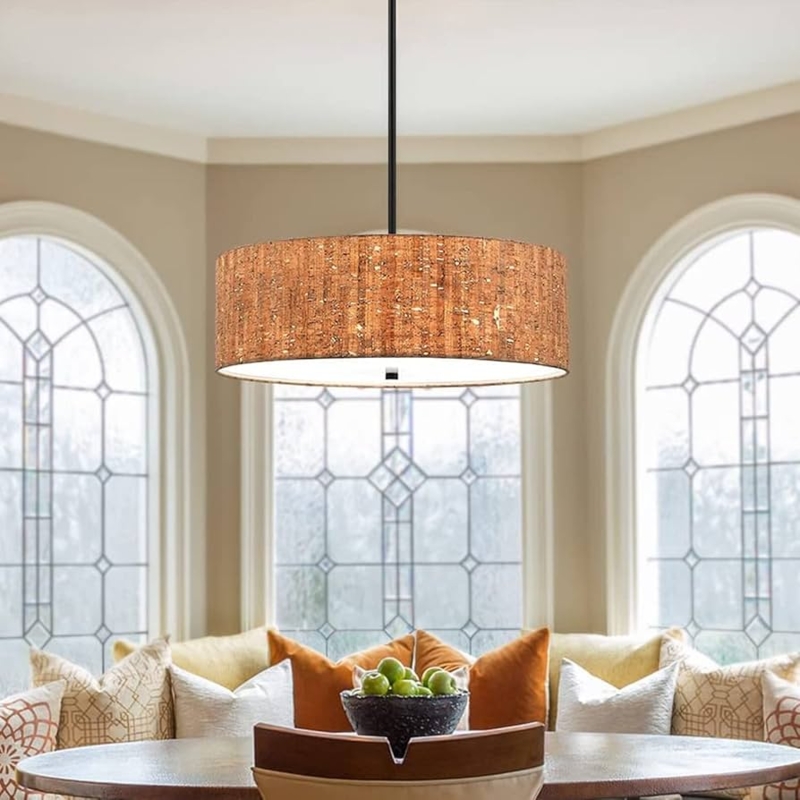 Drum Pendant Light Cork Textured Shade Oversized Modern Organic Fixture