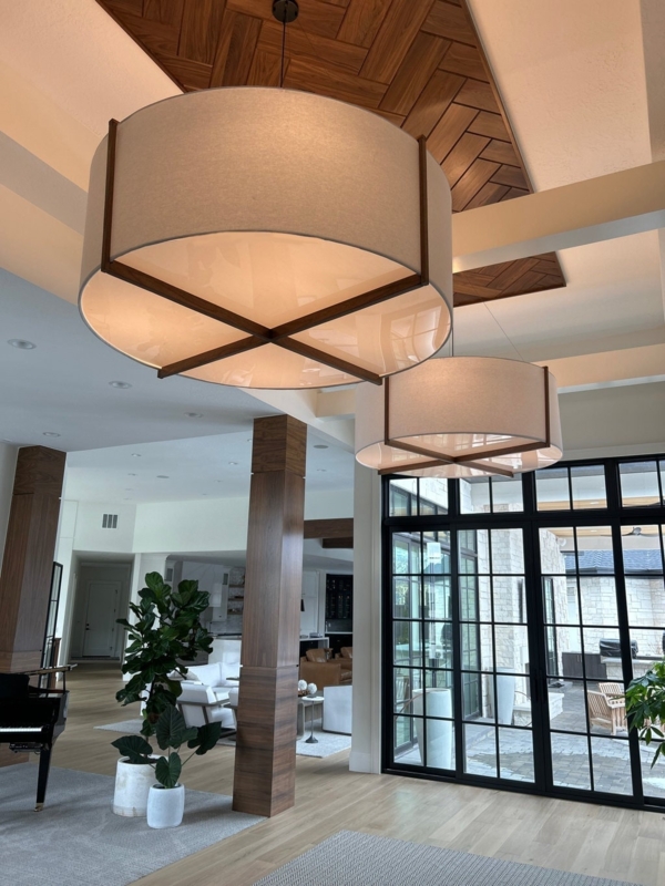 Drum Pendant Light: Oversized White Fabric with Wood Trim Detail