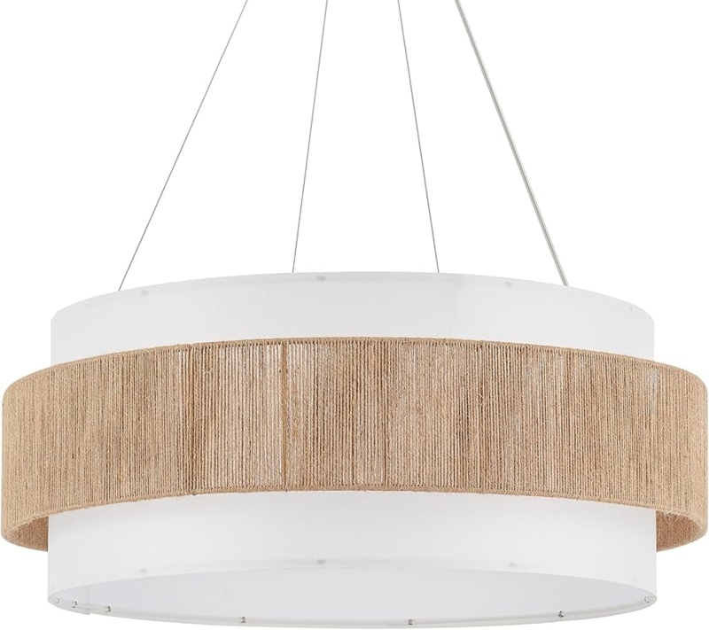 Drum Pendant Light Woven Rattan Diamond Lattice Off-White Coastal Boho