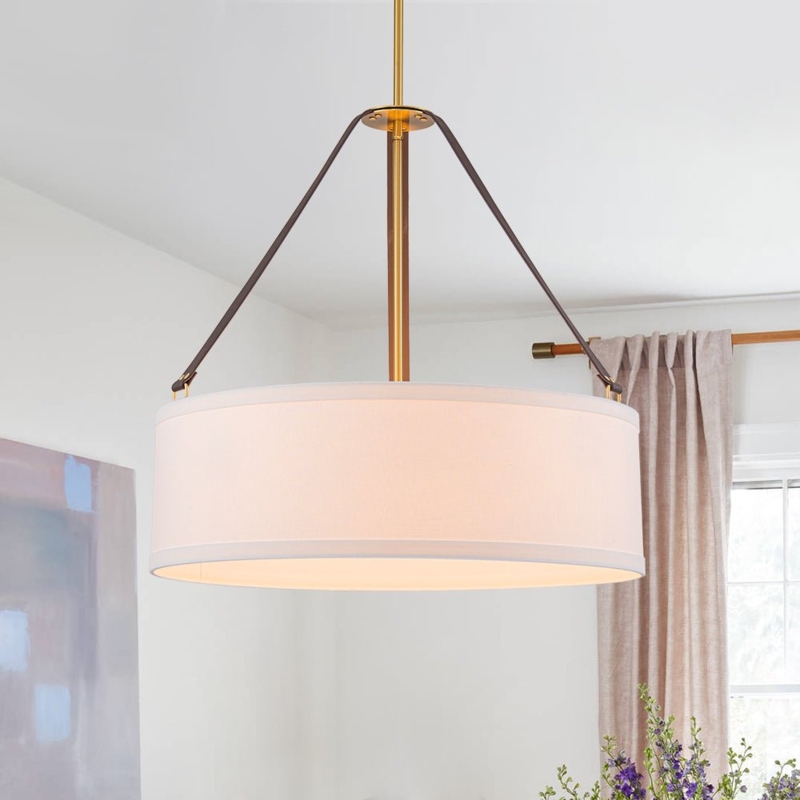 Drum Pendant: Modern White Linen Shade with Brushed Brass Hardware