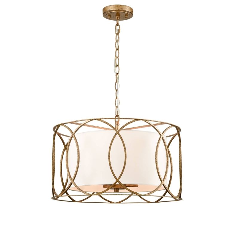 Drum Pendant White Fabric Shade Brass Hardware Fabric Diffuser Transitional