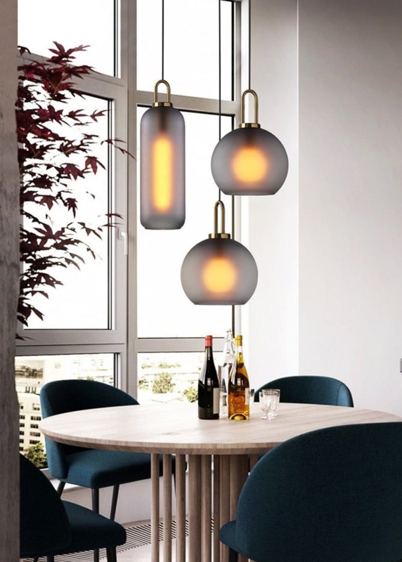 Dual Asymmetrical Glass Pendant Light, Brass, Mixed Shapes