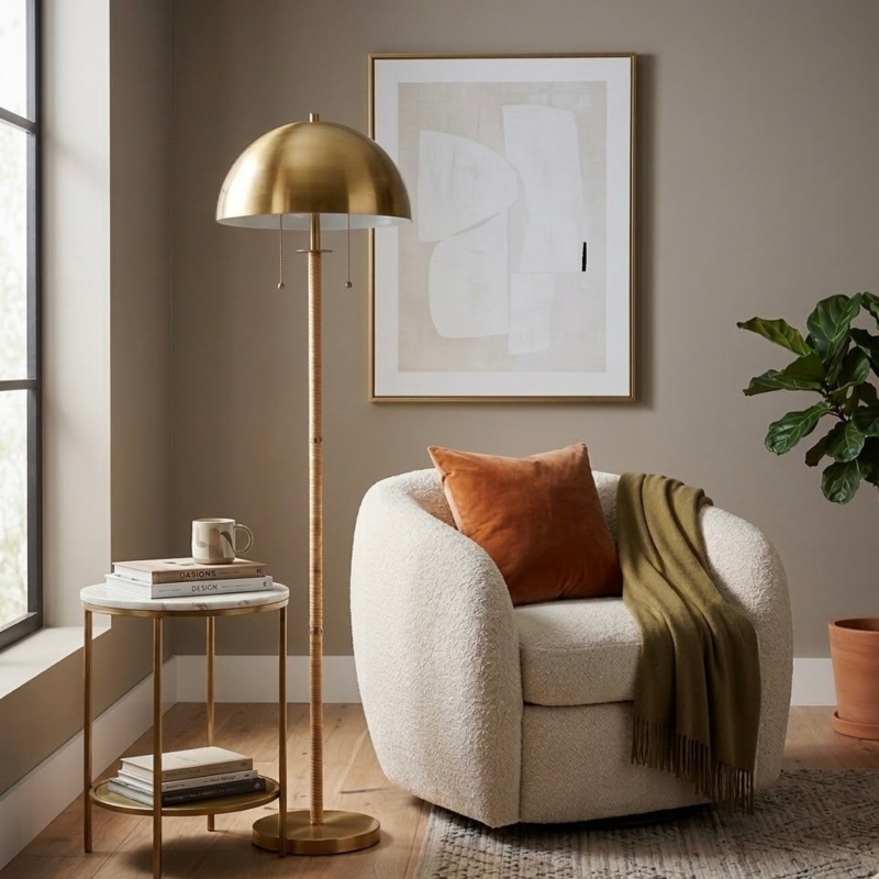 Dual Globe Floor Lamp with Rattan Wrapped Column and Brass Finish