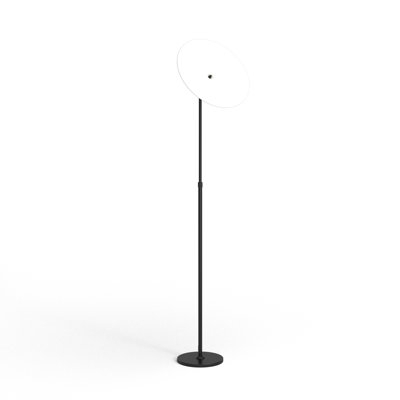 Dual Head Floor Lamp: Arched Stem, Dark Finish, Integrated LED.