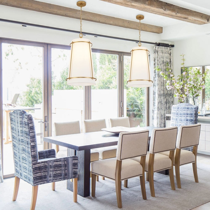 Elegant White Fabric Shade Pendant with Brass Rims and Crystal Droplets