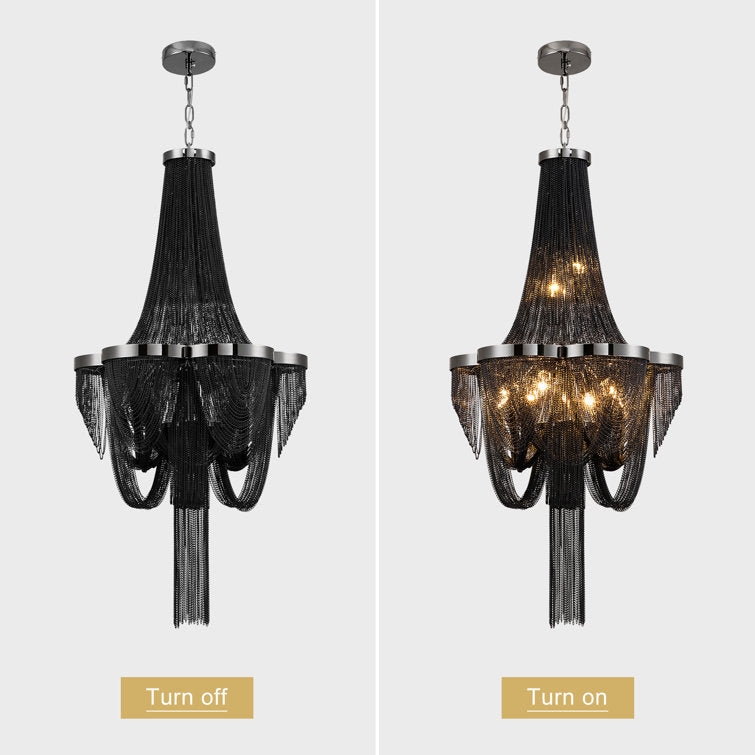 Empire Chandelier Matte Black Chain Tassels with Polished Chrome Frame.