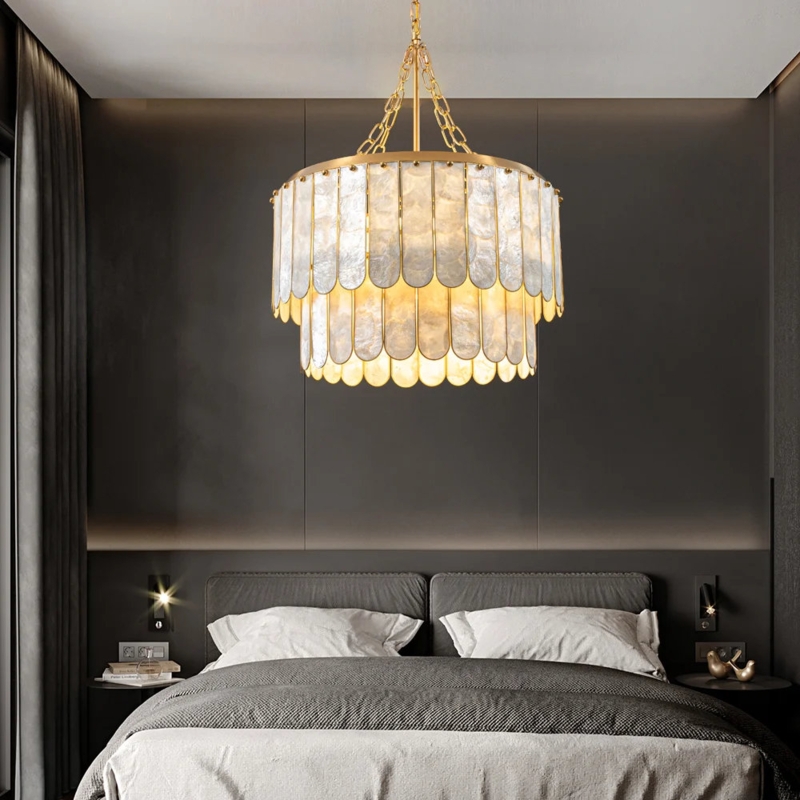 Empire Chandelier Two Tiered White Shell Polished Gold Coastal Glam