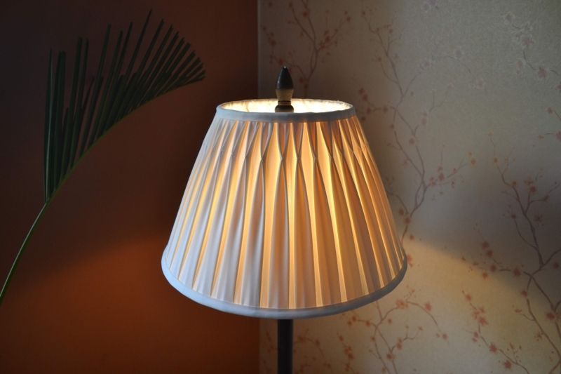 Empire Lamp Shade with Hand-Stitched Pinch Pleats in Cream Silk