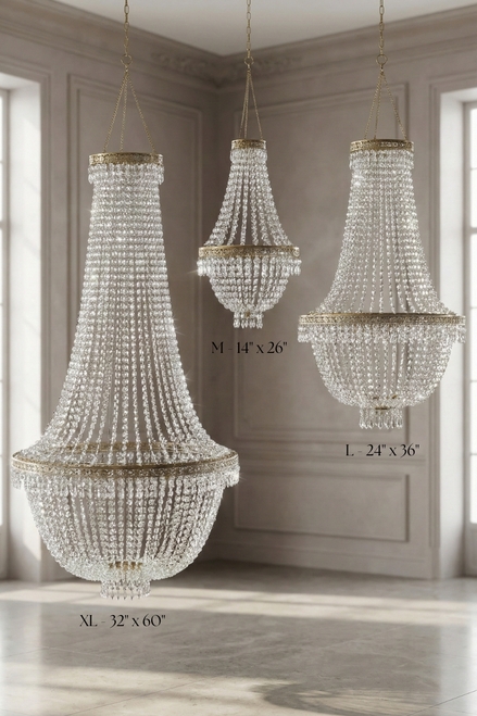 Empire Style Chandelier with White Filigree Trim and Beaded Strands.