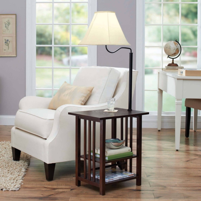 End Table Floor Lamp | Triangular Base, Integrated Shelving, Space-Saving