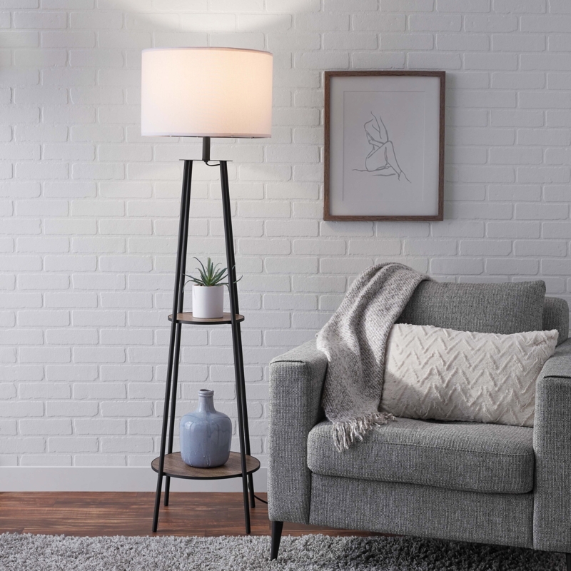 Etagere Floor Lamp with Integrated Shelves and Wood Toned Accents