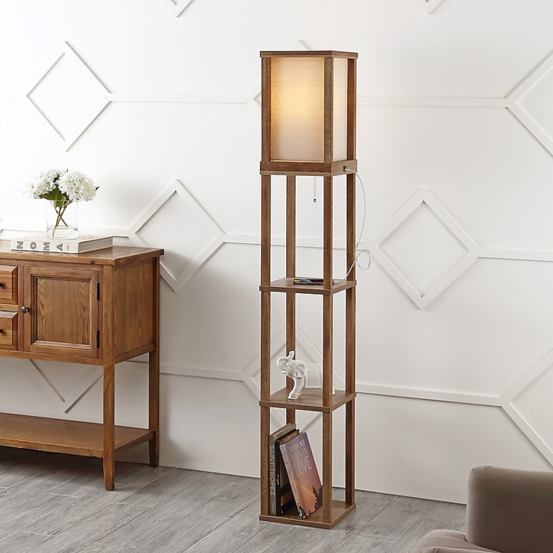 Etagere Shelf Floor Lamp, Dark Wood, Rectangular Fabric Shade
