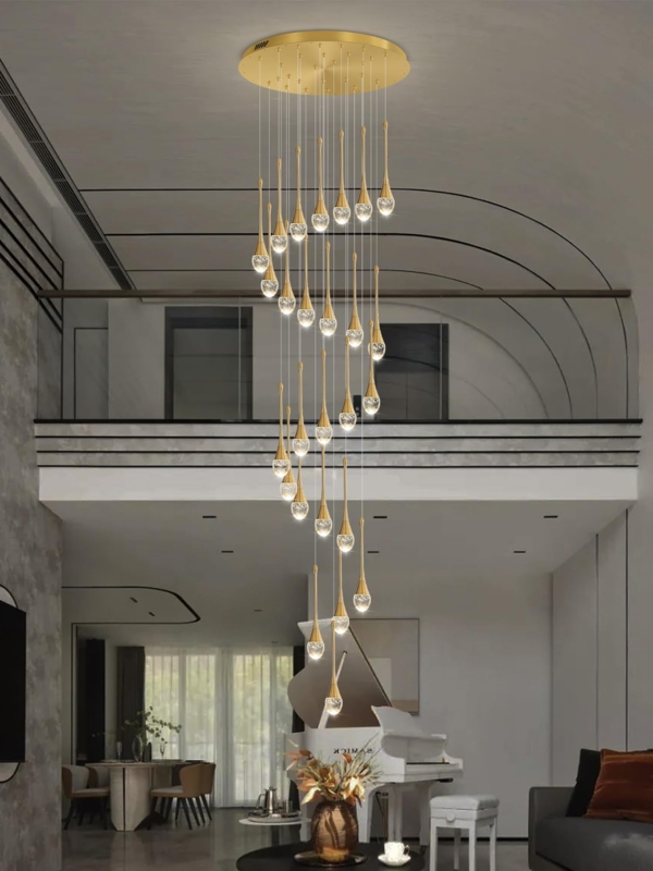 Extra Long Chandelier: Gold Spiral with Cascading Crystal Raindrops