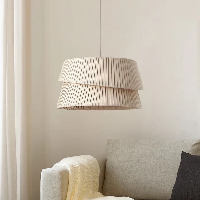 Fabric Chandelier Japandi Style Gathered Pleats Three Tiered Cream Shade