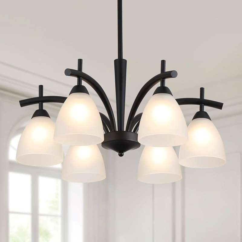 Farmhouse Chandelier: Matte Black Wagon Wheel, 6-Light Frosted Cylinders