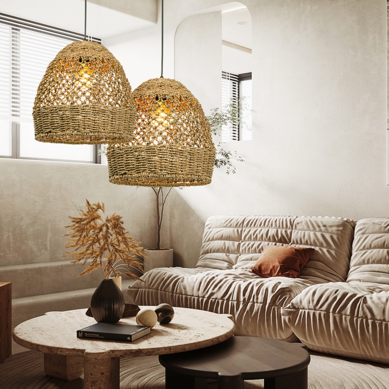 Farmhouse Coastal Boho Hanging Lamp with Handwoven Rattan Woven Pendant  Light