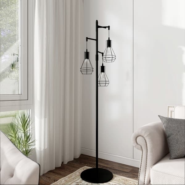 Farmhouse Industrial Floor Lamp: Staggered Three Light Cage Shades