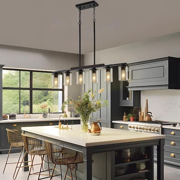 Farmhouse Linear Cage Pendant With Warm Wood Toned Accents And Six Lights