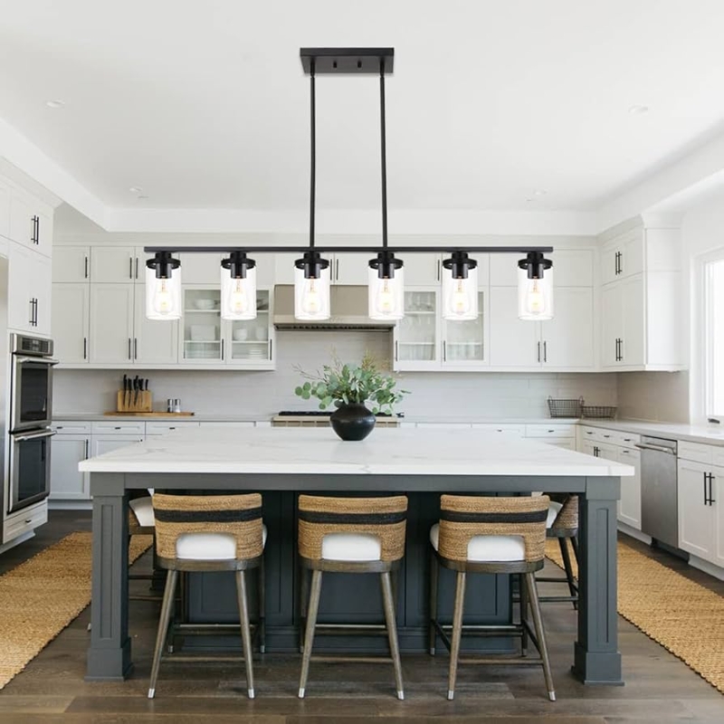 Farmhouse Linear Chandelier Fixture With Six Clear Glass Cylinder Shades