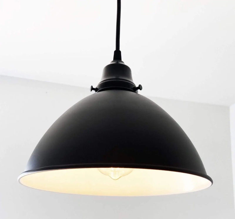Farmhouse Pendant Light Black Enamel Look Wide Flared Shade
