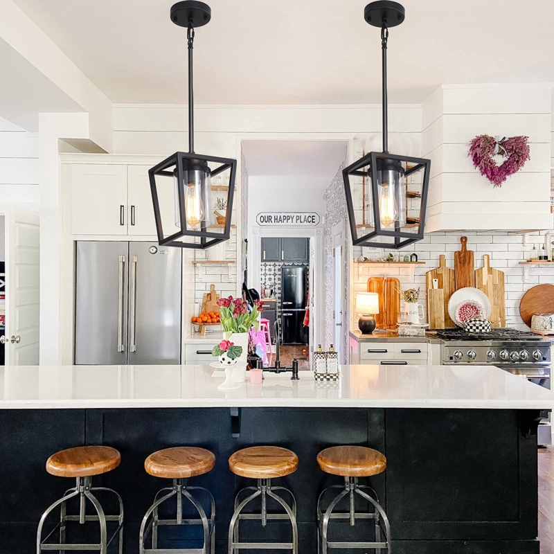 Farmhouse Pendant Light Square Cage Frame Cylindrical Glass Shade