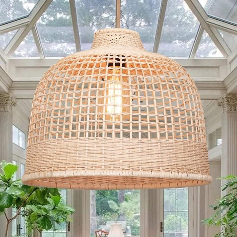 Farmhouse Pendant Light with Two-Tier Rattan Shade