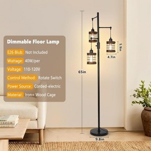 Farmhouse Staggered Floor Lamp, Wood Toned Post, Three Cage Shades