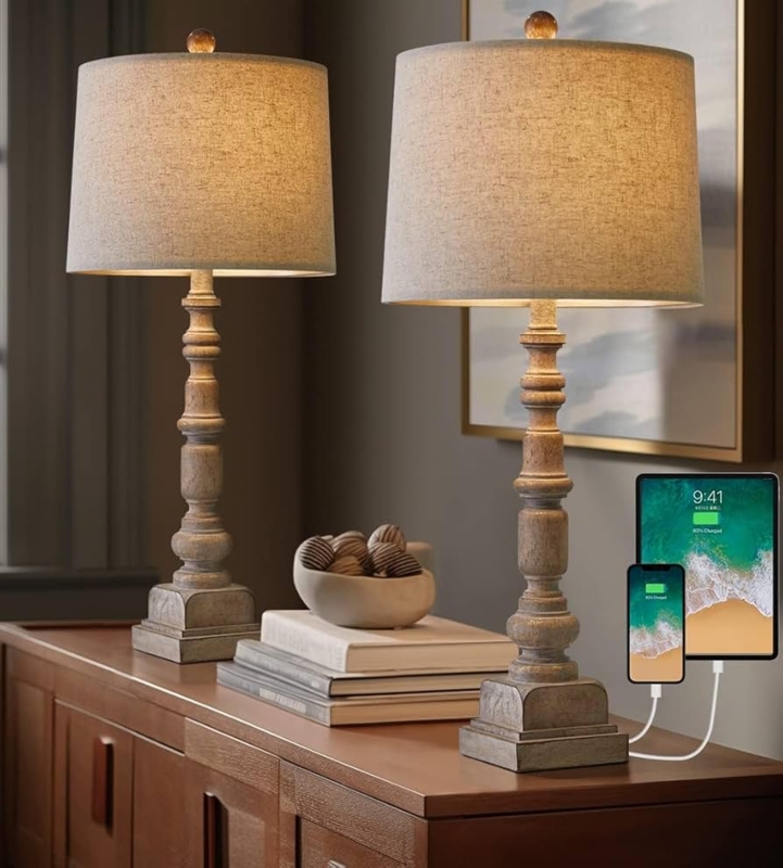 Farmhouse Table Lamp Set of 2 Urn Base USB Port Distressed Finish