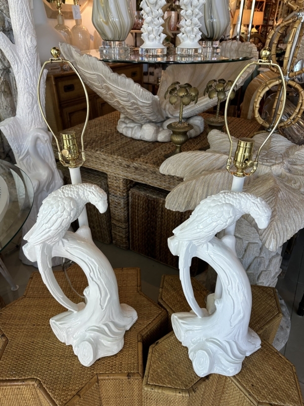Figural Table Lamp Pair: White Plaster Parrot Sculptures