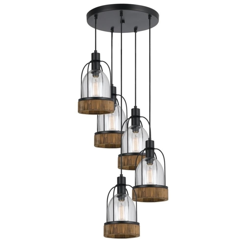 Five Light Cluster Pendant Dark Bronze Seeded Glass Shades Staggered