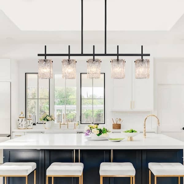 Five-Light Linear Pendant Light with Cylindrical Glass Shades in Black