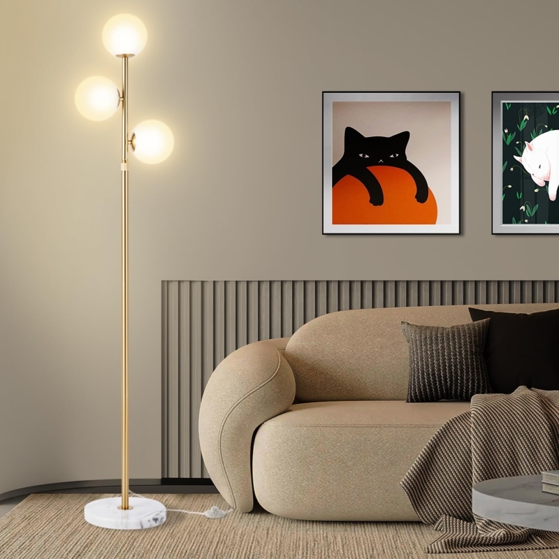 Floor Lamp Adjustable Height Three Globe Polished Gold Marble Base