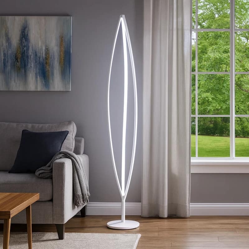 Floor Lamp All White Slender Metal Body Drum Shade