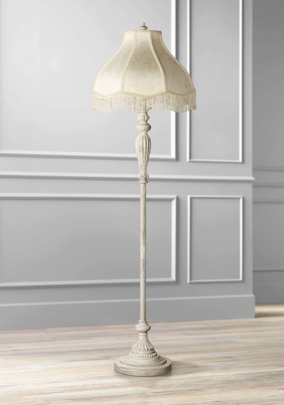 Floor Lamp Antique White Scalloped Fringe Shade Shabby Chic Decor