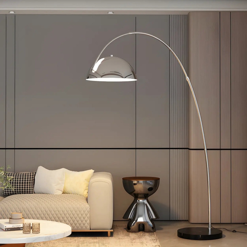 Floor Lamp Arc Adjustable Height Polished Chrome Dome Shade Mid Century