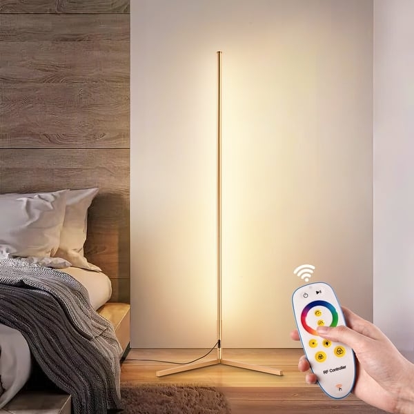 Floor Lamp Arc Arm Satin Gold Sleek Silhouette Integrated LED Glow