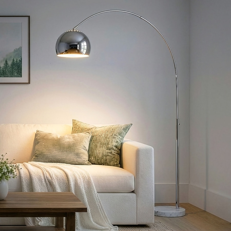 Floor Lamp Arc Polished Chrome White Drum Shade Pull Chain Switch