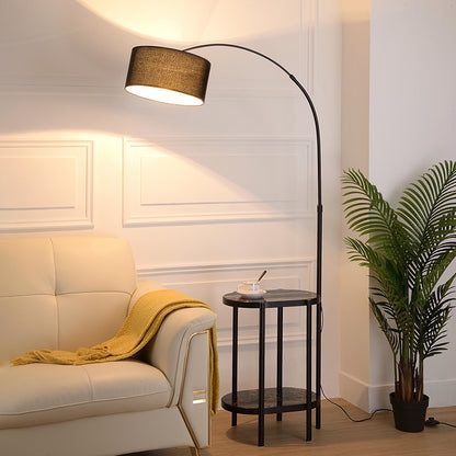 Floor Lamp Arched Frame Integrated Wood Shelves Fabric Shade