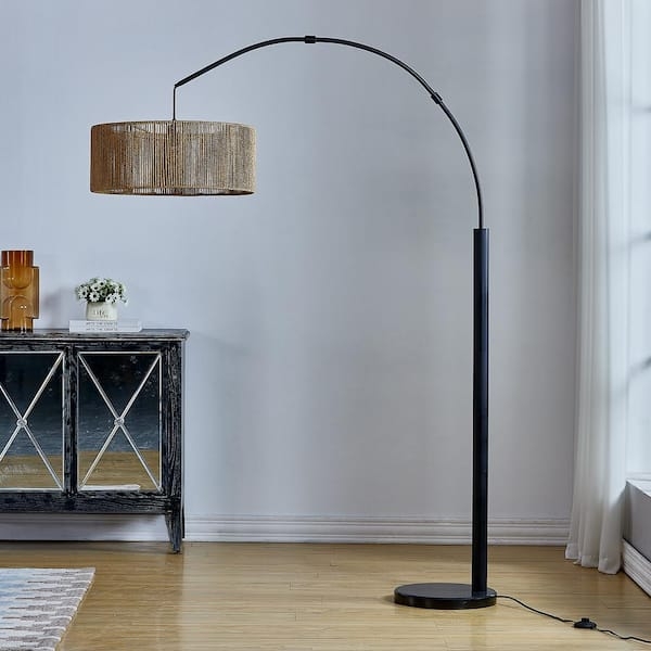 Floor Lamp Arched Neck Matte Black Finish Drum Shade