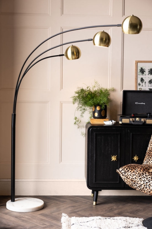 Floor Lamp Arched Silhouette Matte Black Finish Gold Accent Retro Style