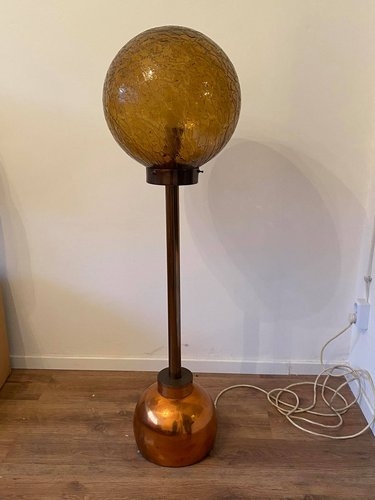 Floor Lamp Art Deco Slender Black Stem Brass Accents Glass Globe